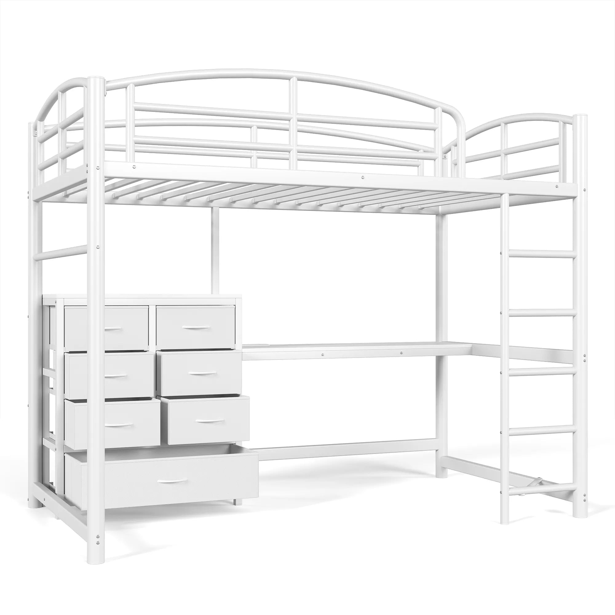 Angled view of a white metal loft bed frame with under-bed storage drawers