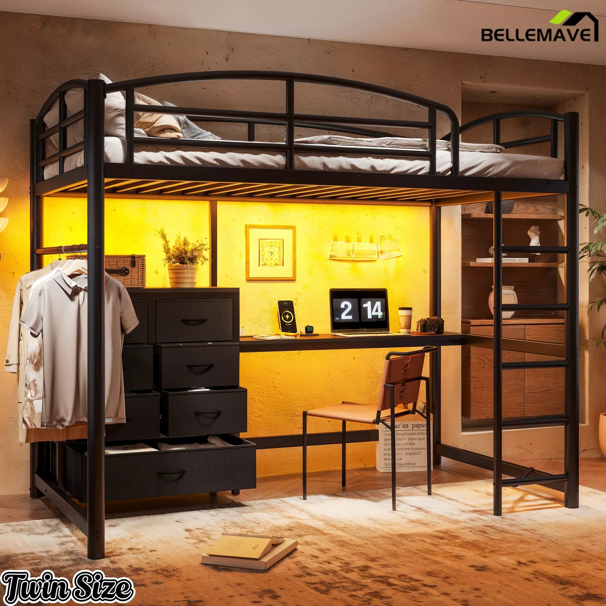 Black twin loft bed with desk and storage drawers in a bedroom setting