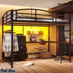 Black metal loft bed with illuminated workstation and fabric storage drawers