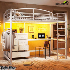 Angled view of a white twin-size metal loft bed with desk and fabric drawers