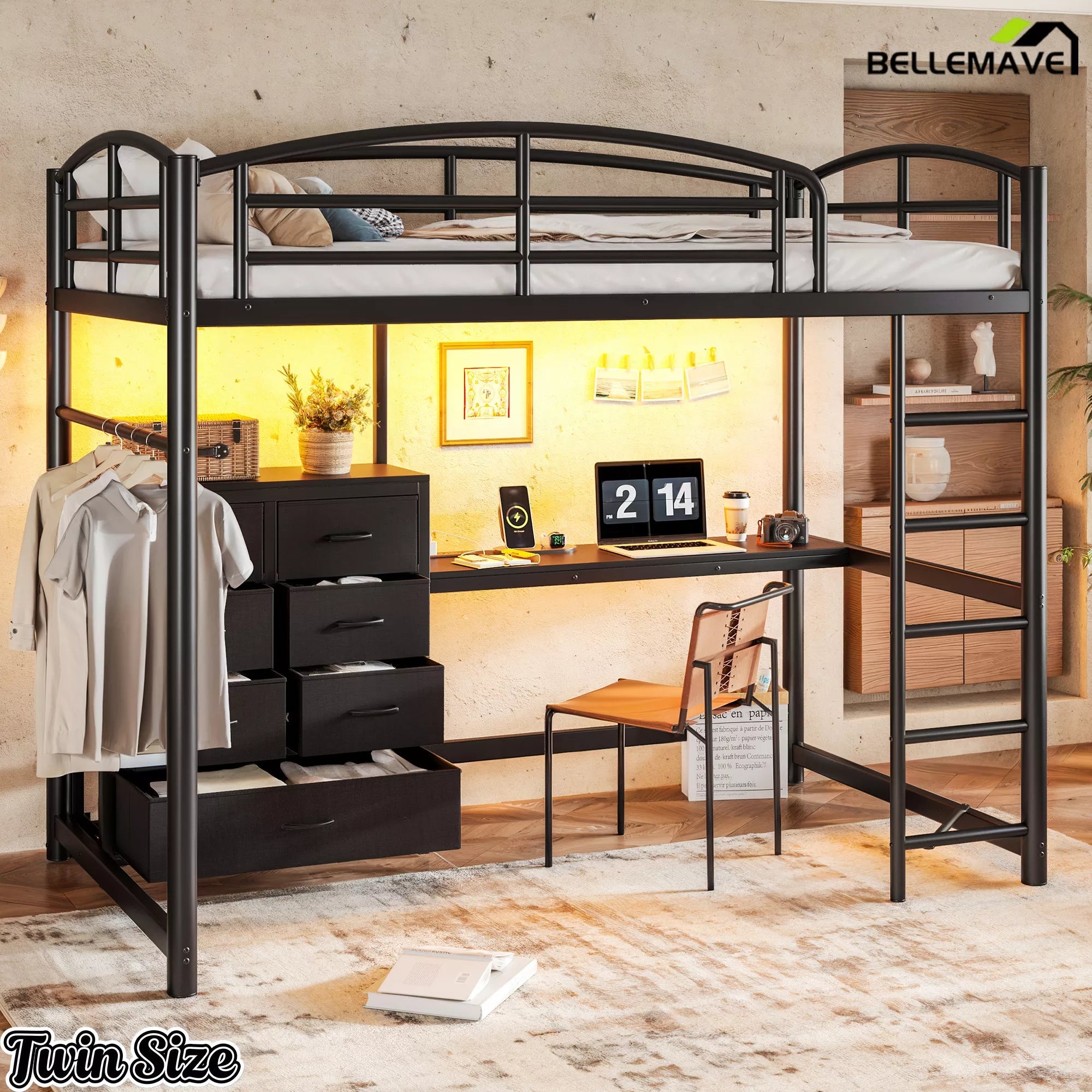 Black twin-size metal loft bed with desk, LED light, and fabric storage drawers