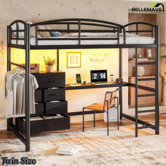 Black twin-size metal loft bed with desk, LED light, and fabric storage drawers