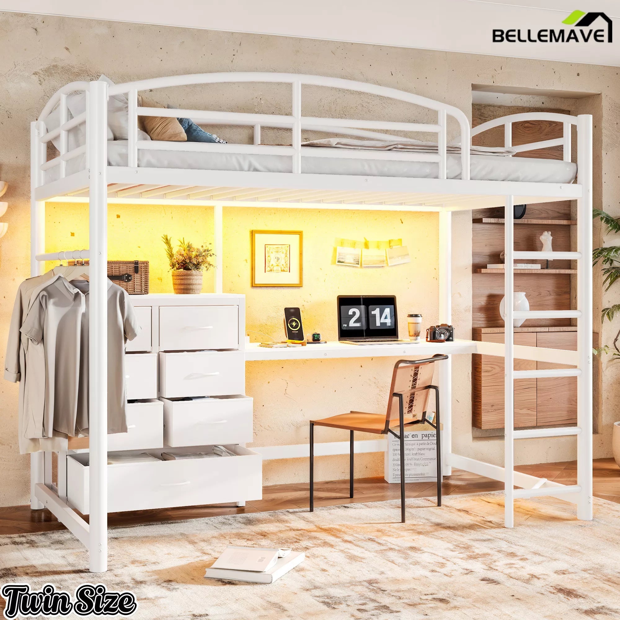 White twin loft bed frame with upper sleeping area and under-bed workspace