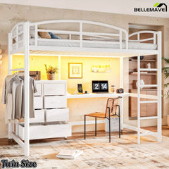 White twin loft bed frame with upper sleeping area and under-bed workspace