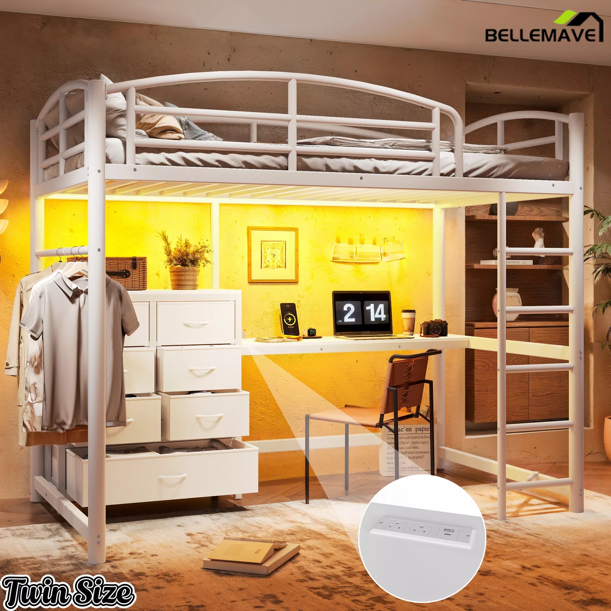 Alternate product detail view of a white twin loft bed with desk and storage drawers