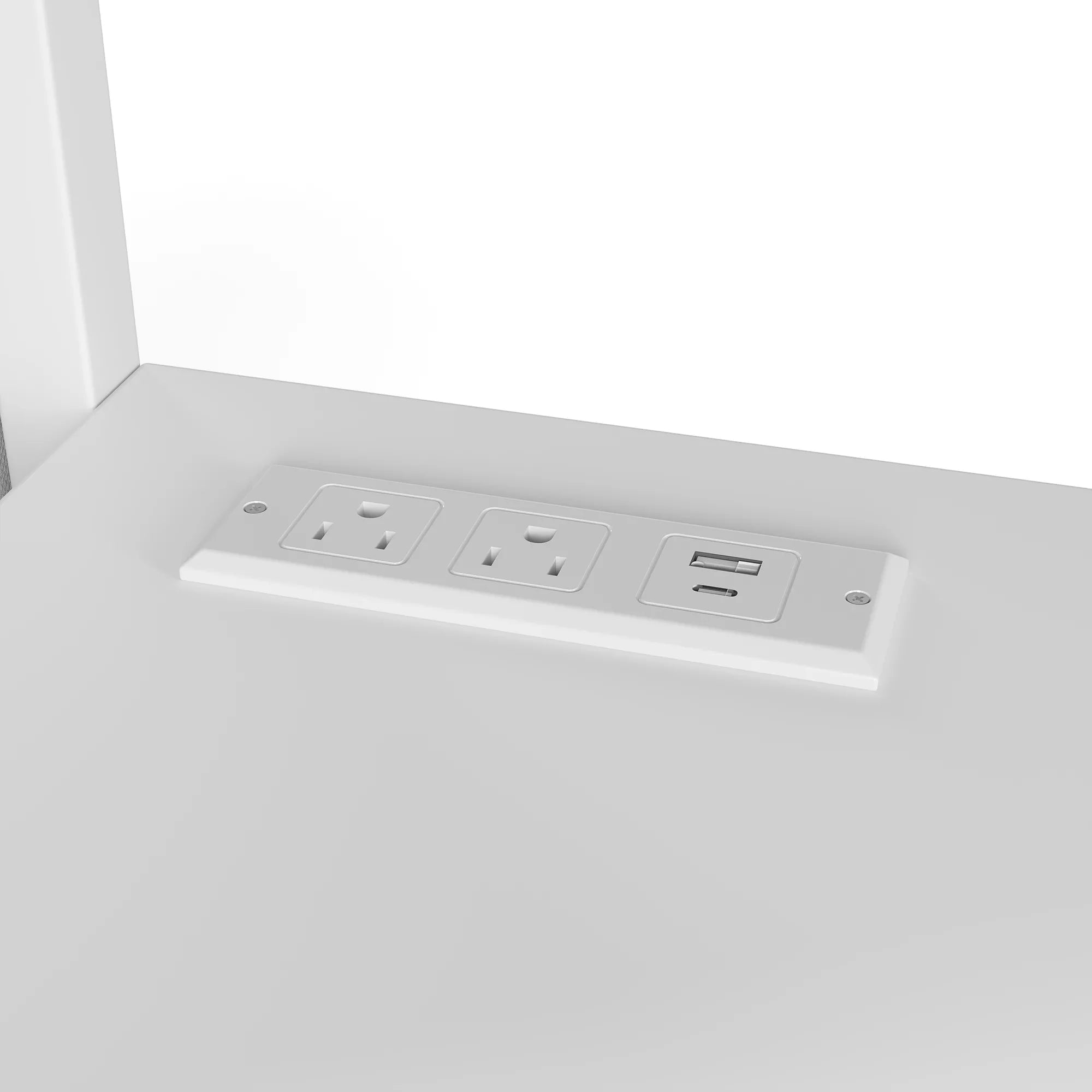 Close-up of the power panel integrated into the metal loft bed desk