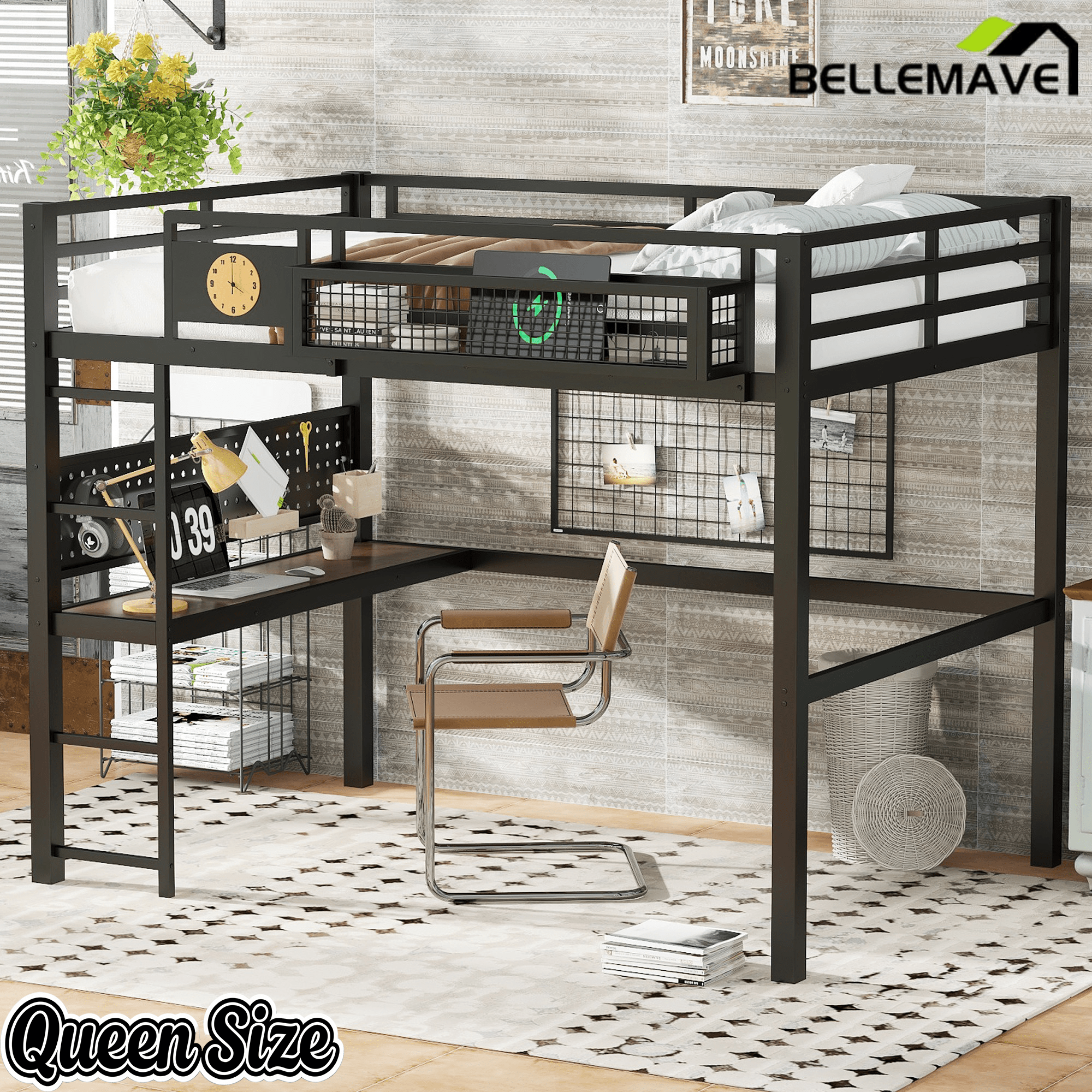 Bellemave® Metal Loft Bed with Desk, Pegboard, Charging Ports, Storage Basket & Clock for Kids & Teens – Black - Bellemave