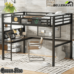 Bellemave® Metal Loft Bed with Desk, Pegboard, Charging Ports, Storage Basket & Clock for Kids & Teens – Black - Bellemave