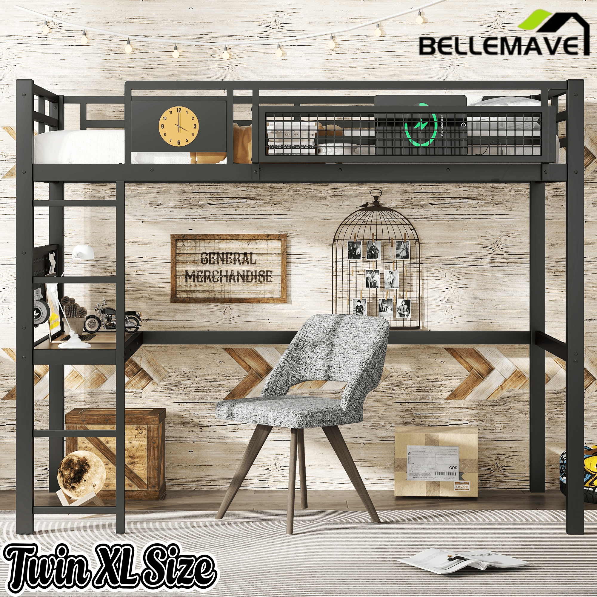 Bellemave® Metal Loft Bed with Desk, Pegboard, Charging Ports, Storage Basket & Clock for Kids & Teens – Black - Bellemave