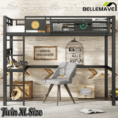 Bellemave® Metal Loft Bed with Desk, Pegboard, Charging Ports, Storage Basket & Clock for Kids & Teens – Black - Bellemave