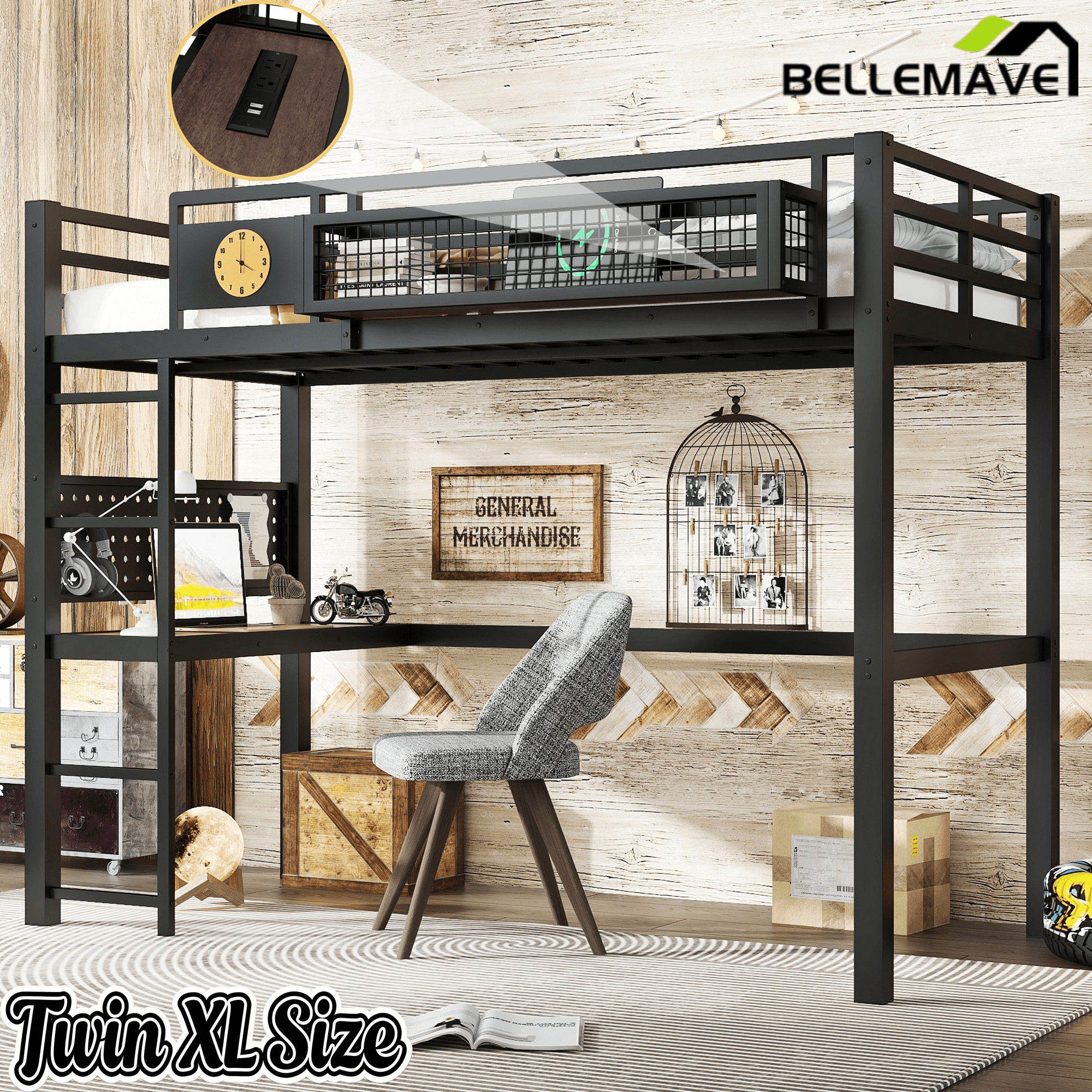 Bellemave® Metal Loft Bed with Desk, Pegboard, Charging Ports, Storage Basket & Clock for Kids & Teens – Black - Bellemave