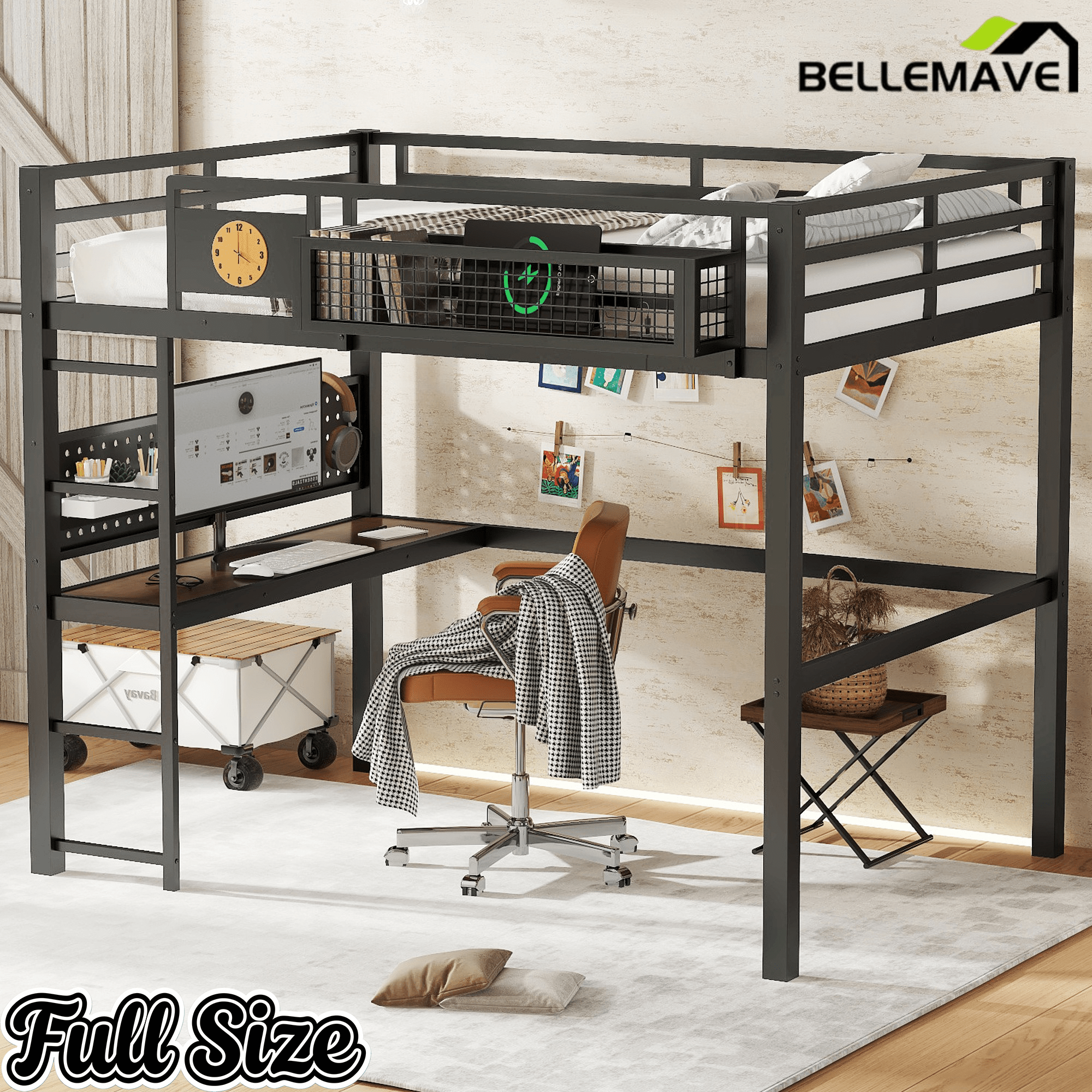 Bellemave® Metal Loft Bed with Desk, Pegboard, Charging Ports, Storage Basket & Clock for Kids & Teens – Black - Bellemave