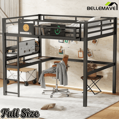 Bellemave® Metal Loft Bed with Desk, Pegboard, Charging Ports, Storage Basket & Clock for Kids & Teens – Black - Bellemave