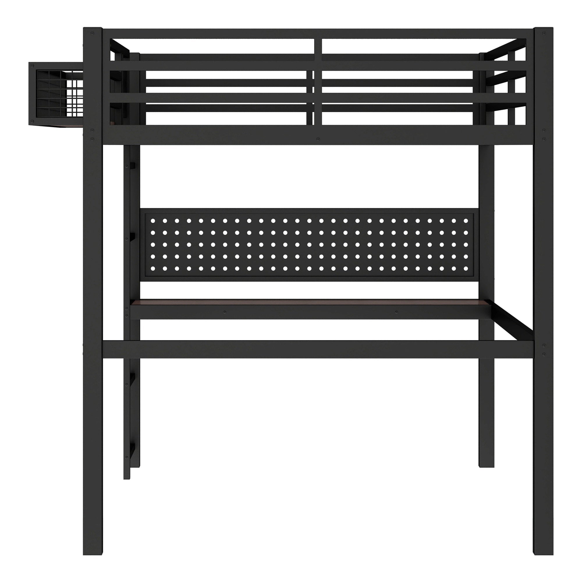 Bellemave® Metal Loft Bed with Desk, Pegboard, Charging Ports, Storage Basket & Clock for Kids & Teens – Black - Bellemave