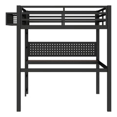 Bellemave® Metal Loft Bed with Desk, Pegboard, Charging Ports, Storage Basket & Clock for Kids & Teens – Black - Bellemave