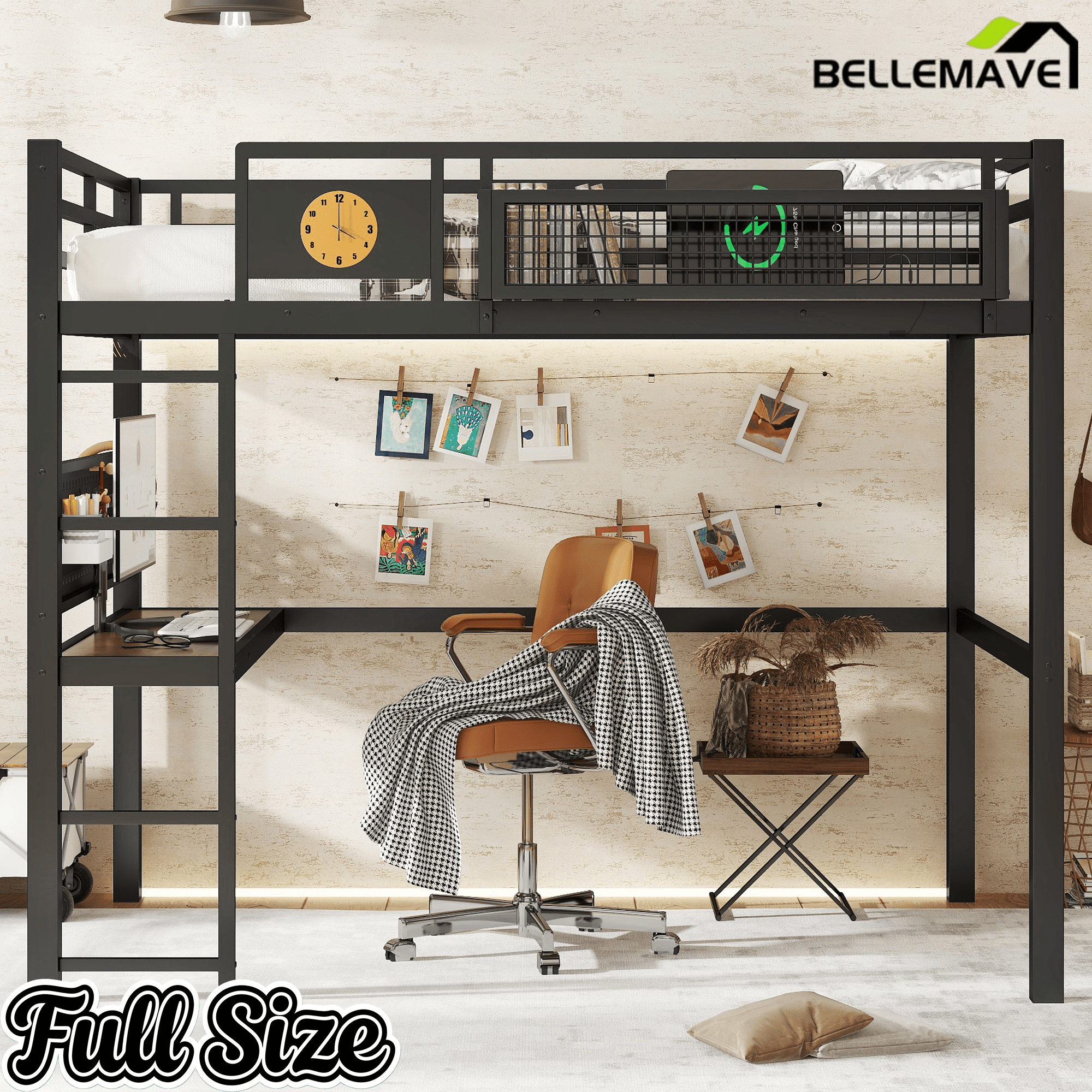 Bellemave® Metal Loft Bed with Desk, Pegboard, Charging Ports, Storage Basket & Clock for Kids & Teens – Black - Bellemave