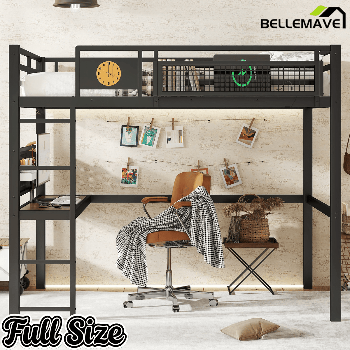 Bellemave® Metal Loft Bed with Desk, Pegboard, Charging Ports, Storage Basket & Clock for Kids & Teens – Black - Bellemave