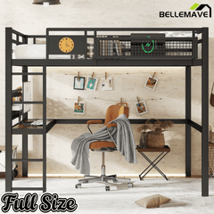 Bellemave® Metal Loft Bed with Desk, Pegboard, Charging Ports, Storage Basket & Clock for Kids & Teens – Black - Bellemave