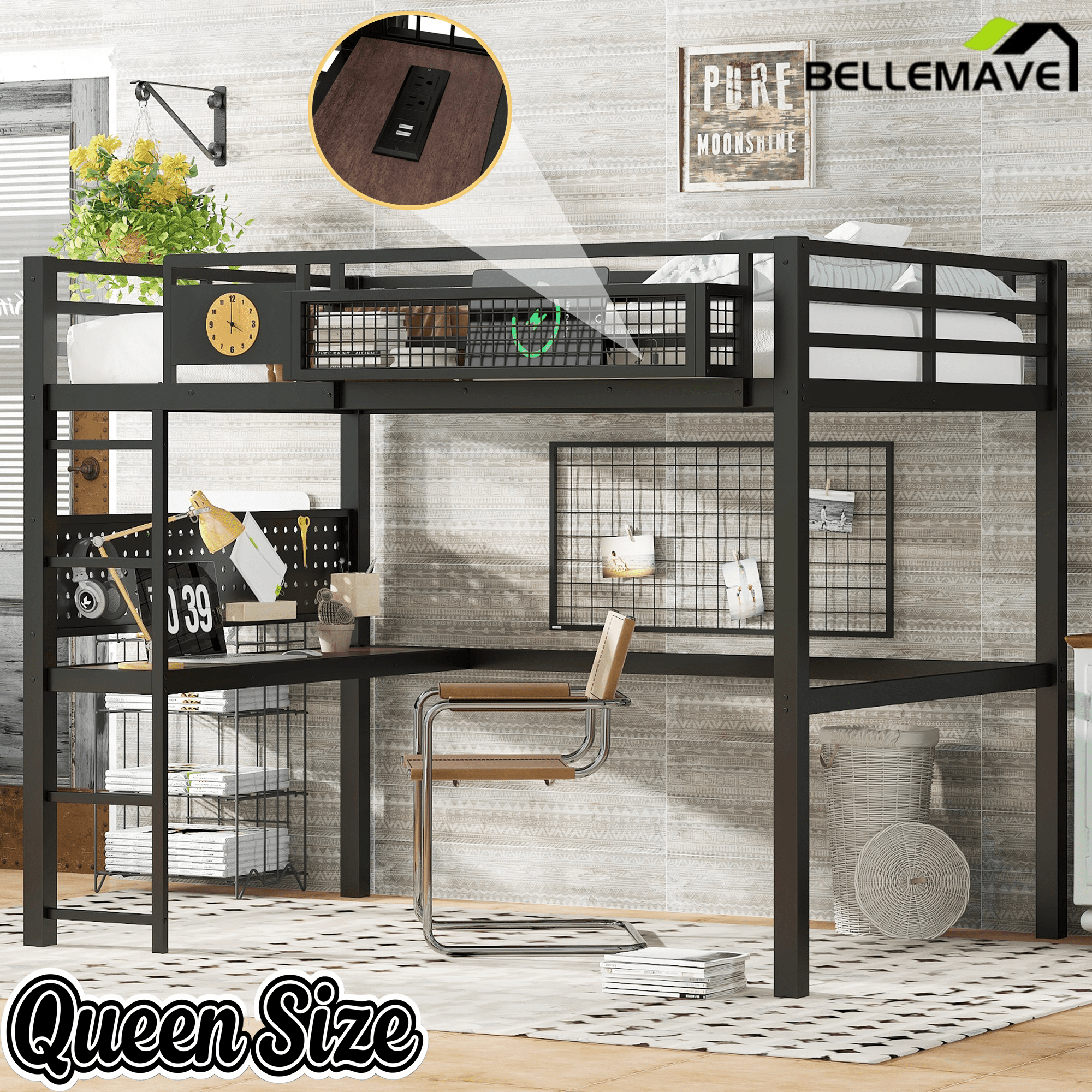 Bellemave® Metal Loft Bed with Desk, Pegboard, Charging Ports, Storage Basket & Clock for Kids & Teens – Black - Bellemave