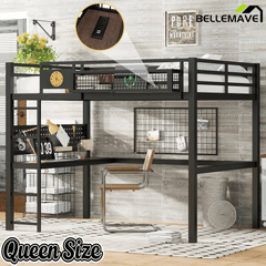 Bellemave® Metal Loft Bed with Desk, Pegboard, Charging Ports, Storage Basket & Clock for Kids & Teens – Black - Bellemave