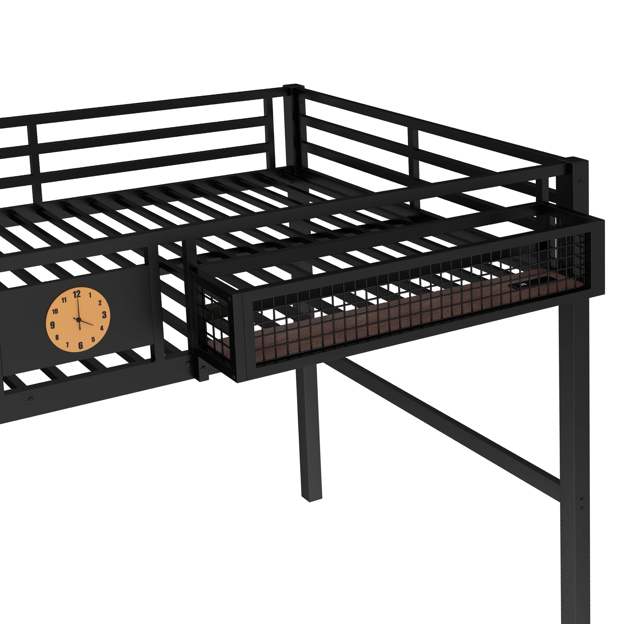 Bellemave® Metal Loft Bed with Desk, Pegboard, Charging Ports, Storage Basket & Clock for Kids & Teens – Black - Bellemave