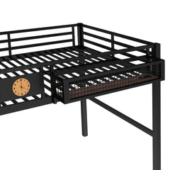 Bellemave® Metal Loft Bed with Desk, Pegboard, Charging Ports, Storage Basket & Clock for Kids & Teens – Black - Bellemave