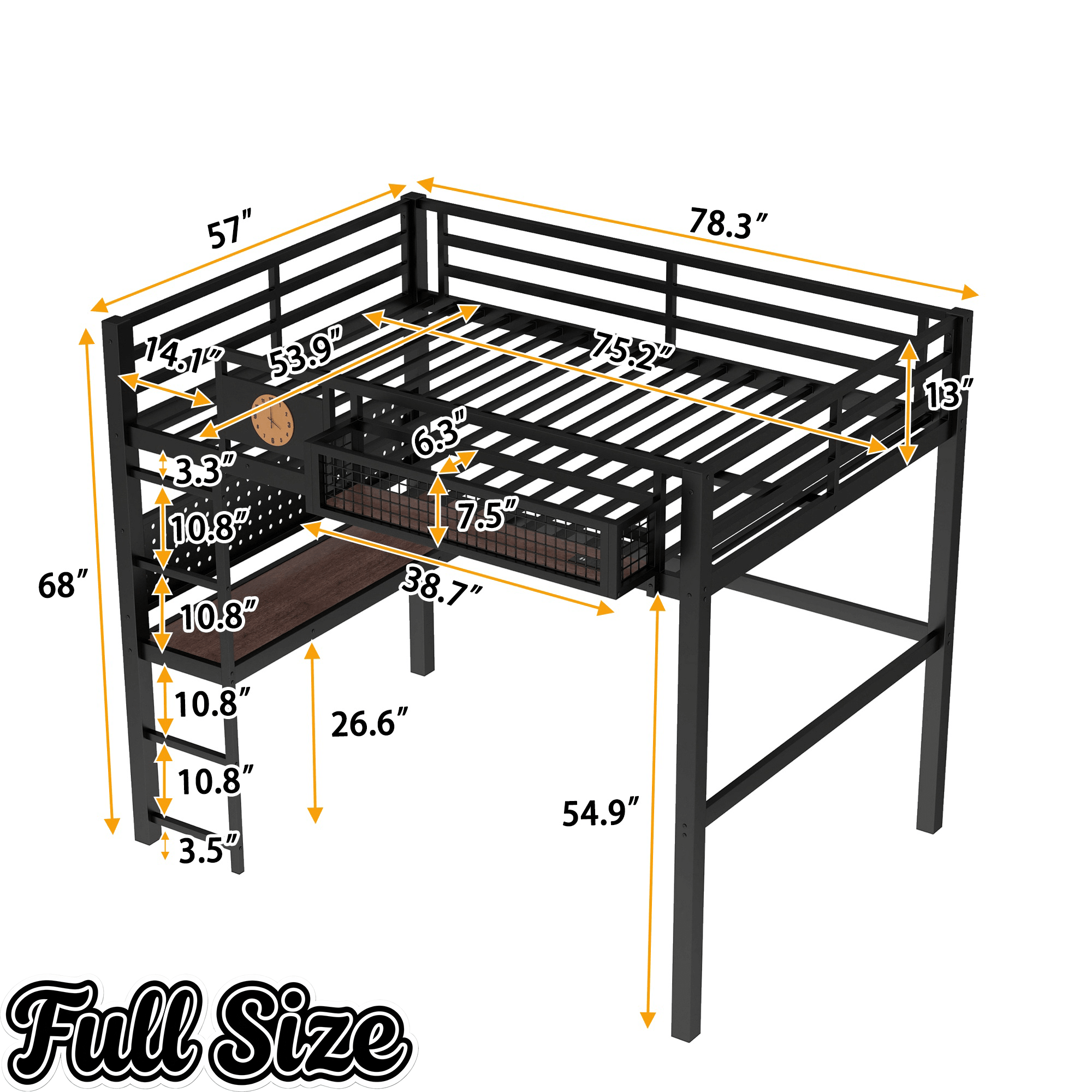 Bellemave® Metal Loft Bed with Desk, Pegboard, Charging Ports, Storage Basket & Clock for Kids & Teens – Black - Bellemave