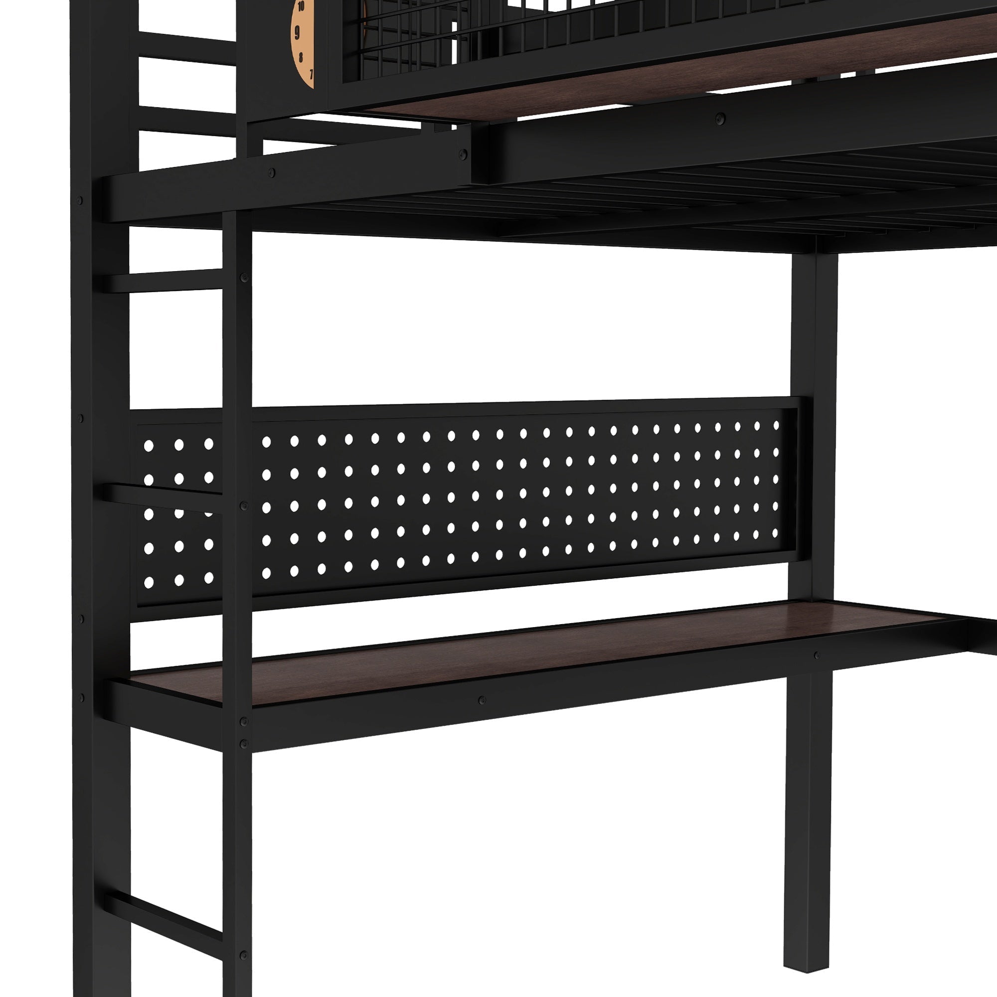 Bellemave® Metal Loft Bed with Desk, Pegboard, Charging Ports, Storage Basket & Clock for Kids & Teens – Black - Bellemave