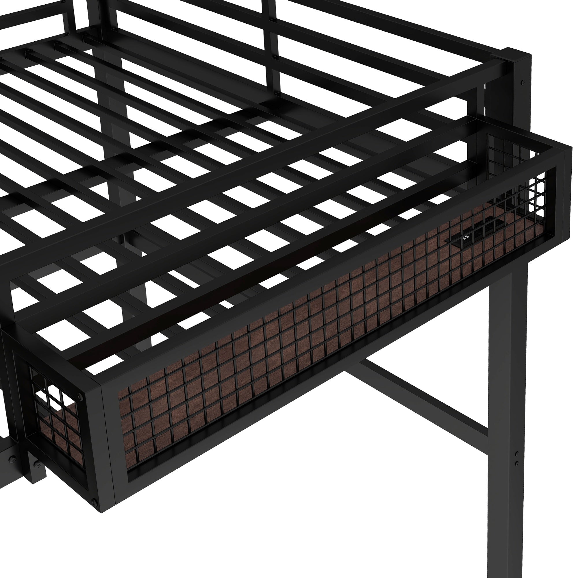 Bellemave® Metal Loft Bed with Desk, Pegboard, Charging Ports, Storage Basket & Clock for Kids & Teens – Black - Bellemave