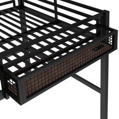 Bellemave® Metal Loft Bed with Desk, Pegboard, Charging Ports, Storage Basket & Clock for Kids & Teens – Black - Bellemave