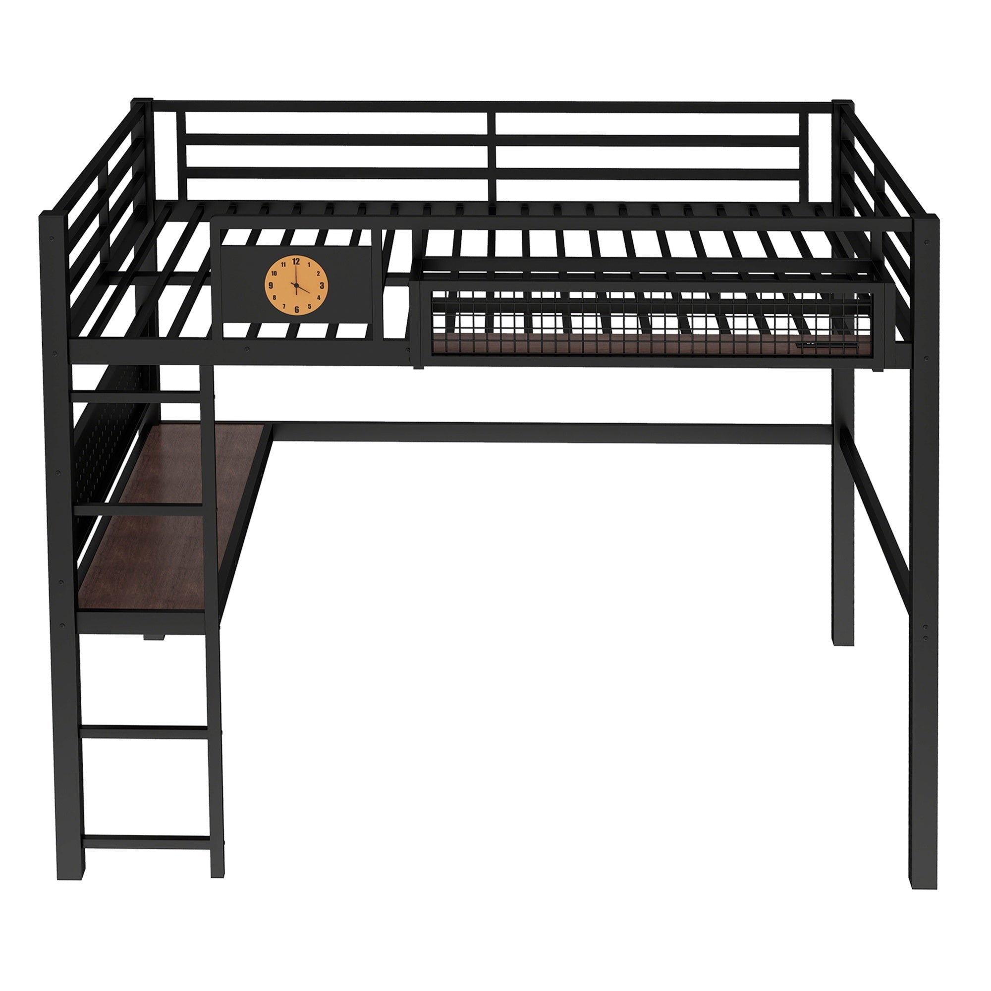 Bellemave® Metal Loft Bed with Desk, Pegboard, Charging Ports, Storage Basket & Clock for Kids & Teens – Black - Bellemave