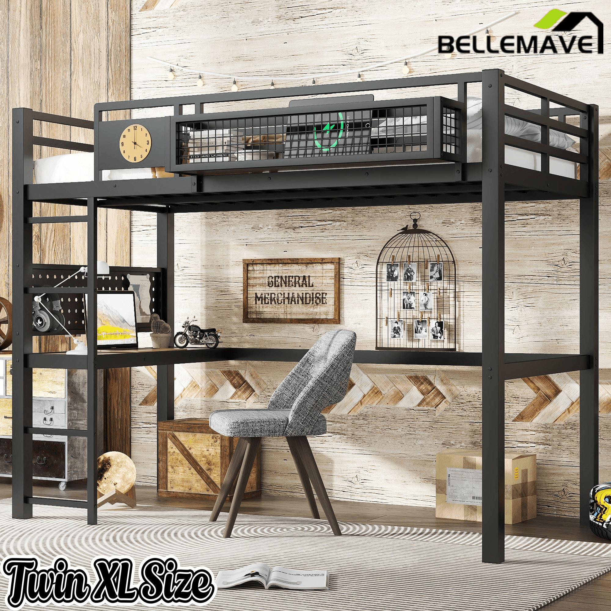 Bellemave® Metal Loft Bed with Desk, Pegboard, Charging Ports, Storage Basket & Clock for Kids & Teens – Black - Bellemave