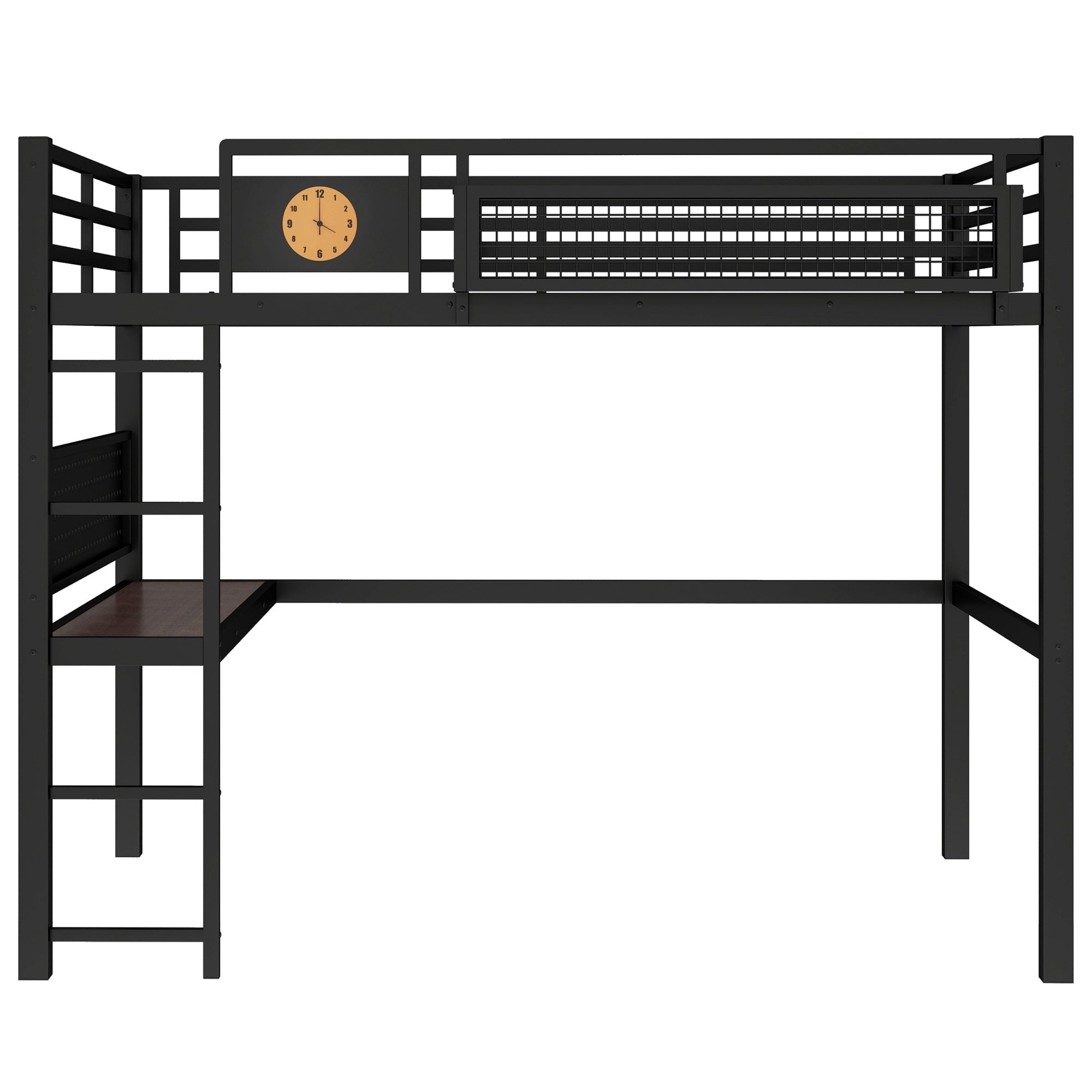 Bellemave® Metal Loft Bed with Desk, Pegboard, Charging Ports, Storage Basket & Clock for Kids & Teens – Black - Bellemave