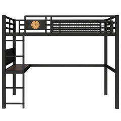 Bellemave® Metal Loft Bed with Desk, Pegboard, Charging Ports, Storage Basket & Clock for Kids & Teens – Black - Bellemave