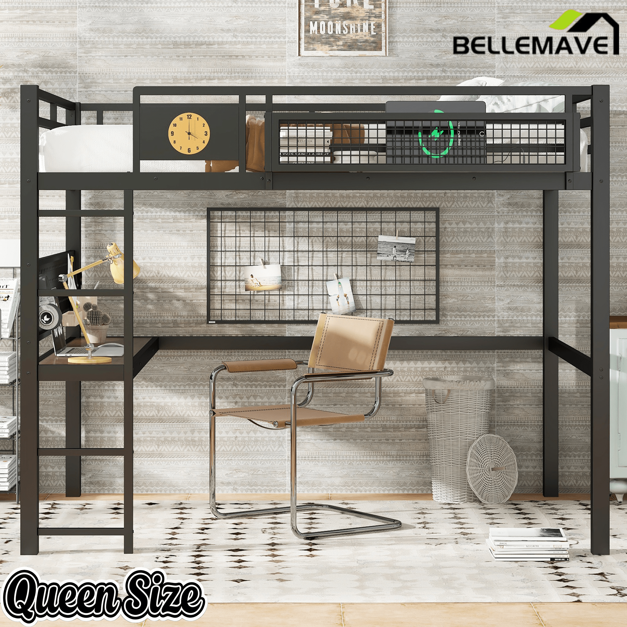 Bellemave® Metal Loft Bed with Desk, Pegboard, Charging Ports, Storage Basket & Clock for Kids & Teens – Black - Bellemave