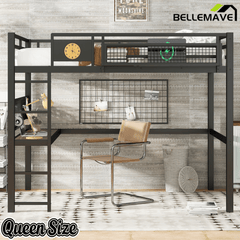 Bellemave® Metal Loft Bed with Desk, Pegboard, Charging Ports, Storage Basket & Clock for Kids & Teens – Black - Bellemave