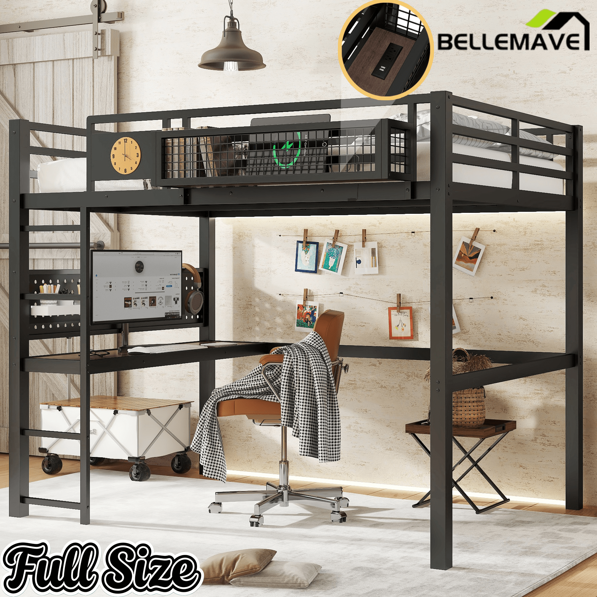 Bellemave® Metal Loft Bed with Desk, Pegboard, Charging Ports, Storage Basket & Clock for Kids & Teens – Black - Bellemave