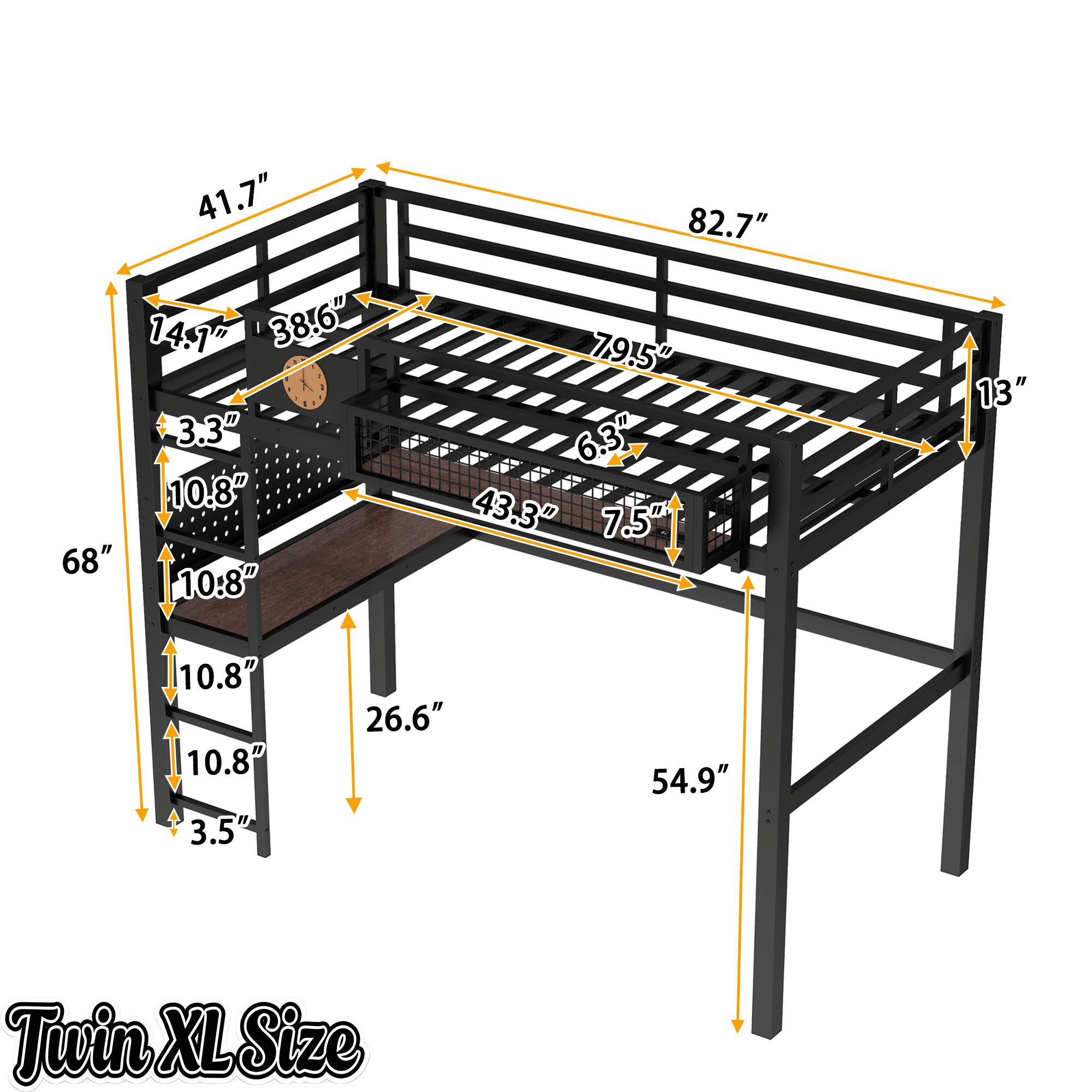 Bellemave® Metal Loft Bed with Desk, Pegboard, Charging Ports, Storage Basket & Clock for Kids & Teens – Black - Bellemave