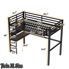Bellemave® Metal Loft Bed with Desk, Pegboard, Charging Ports, Storage Basket & Clock for Kids & Teens – Black - Bellemave