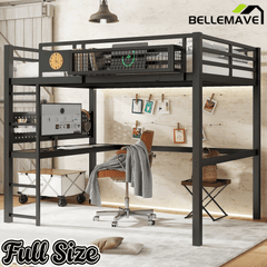 Bellemave® Metal Loft Bed with Desk, Pegboard, Charging Ports, Storage Basket & Clock for Kids & Teens – Black - Bellemave