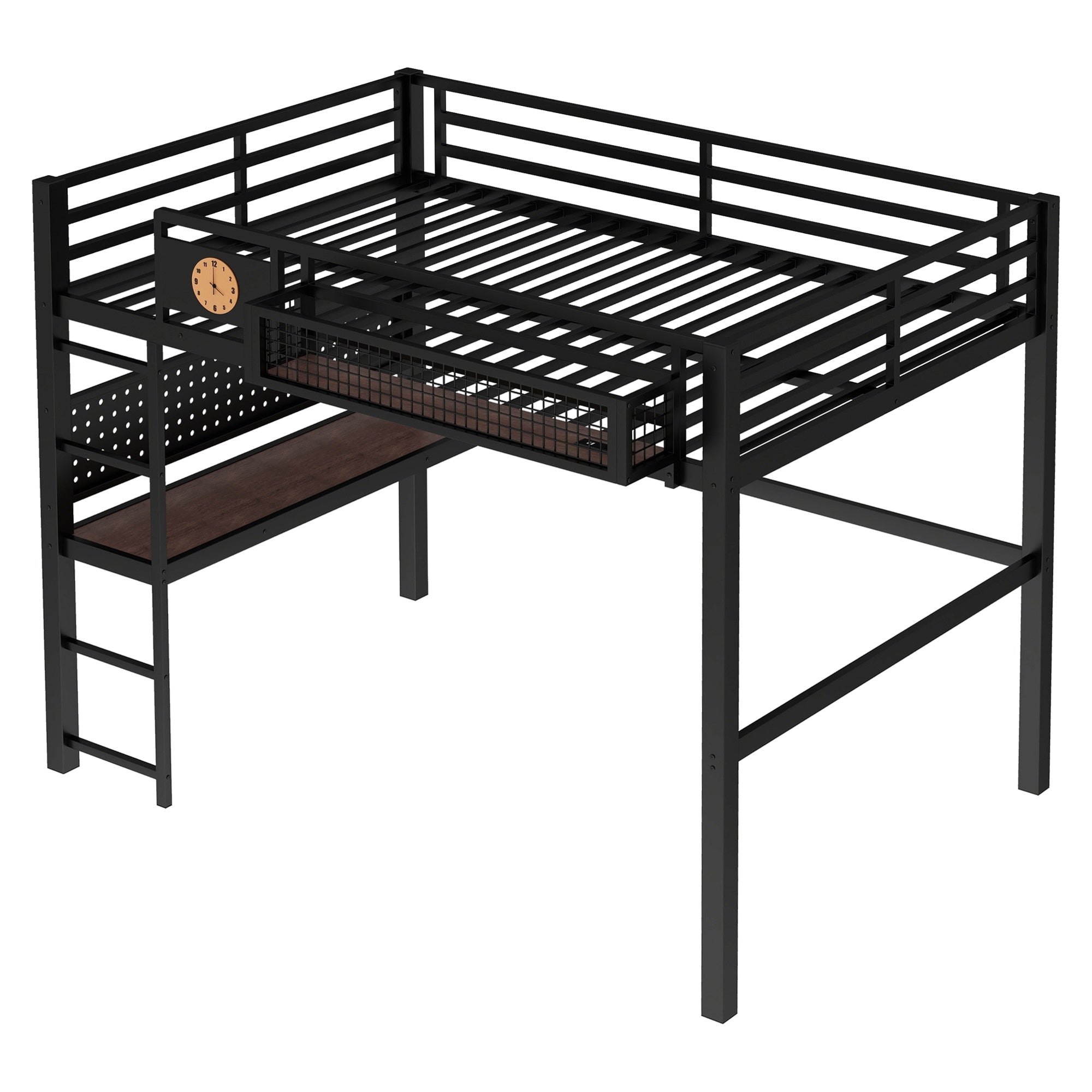 Bellemave® Metal Loft Bed with Desk, Pegboard, Charging Ports, Storage Basket & Clock for Kids & Teens – Black - Bellemave