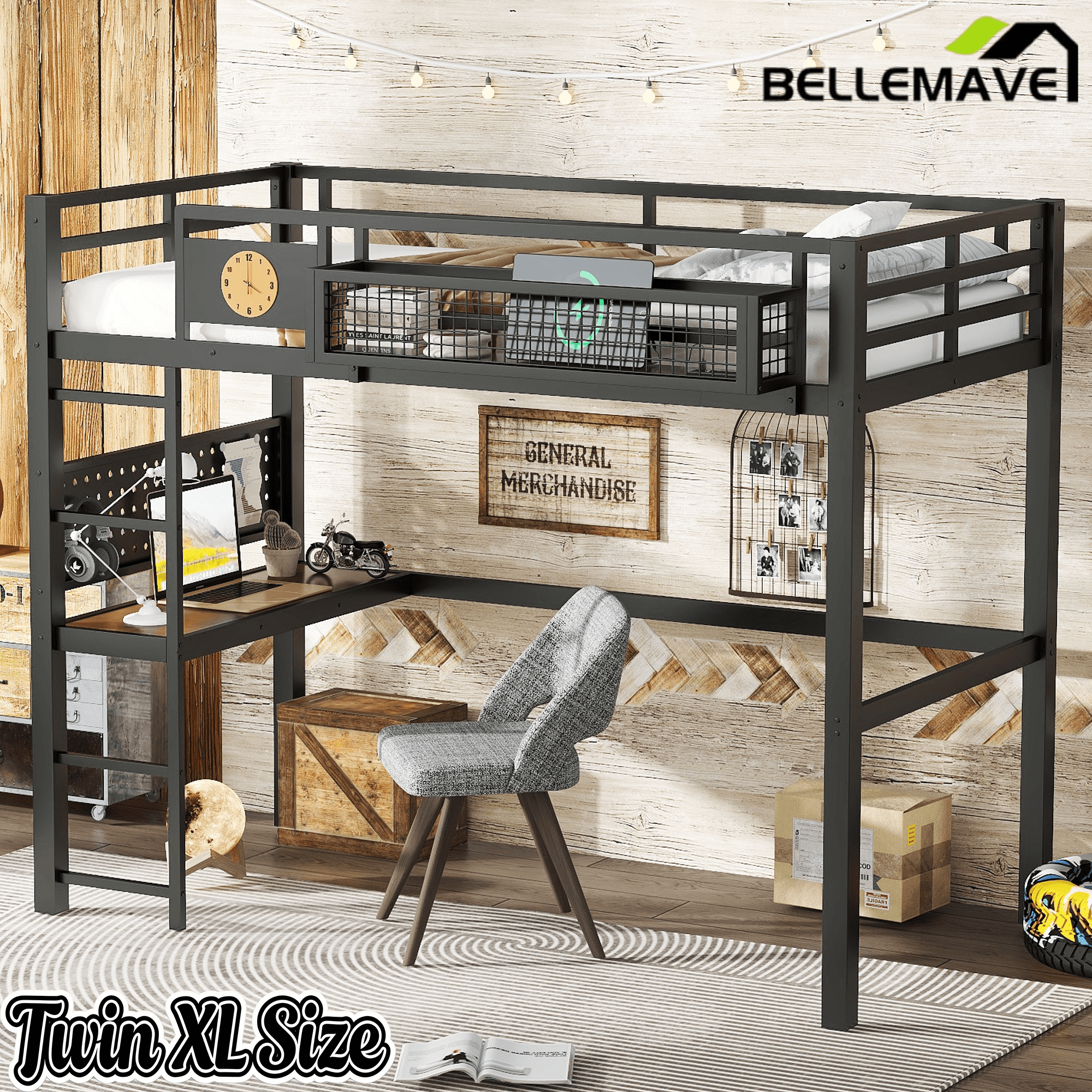 Bellemave® Metal Loft Bed with Desk, Pegboard, Charging Ports, Storage Basket & Clock for Kids & Teens – Black - Bellemave