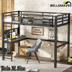 Bellemave® Metal Loft Bed with Desk, Pegboard, Charging Ports, Storage Basket & Clock for Kids & Teens – Black - Bellemave