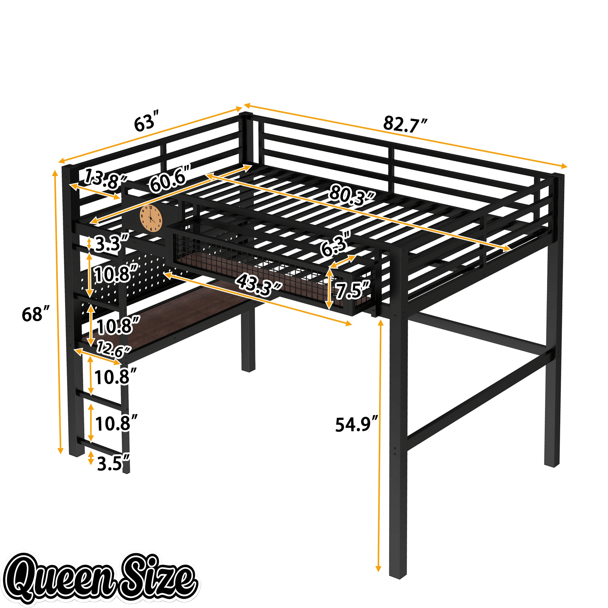 Bellemave® Metal Loft Bed with Desk, Pegboard, Charging Ports, Storage Basket & Clock for Kids & Teens – Black - Bellemave
