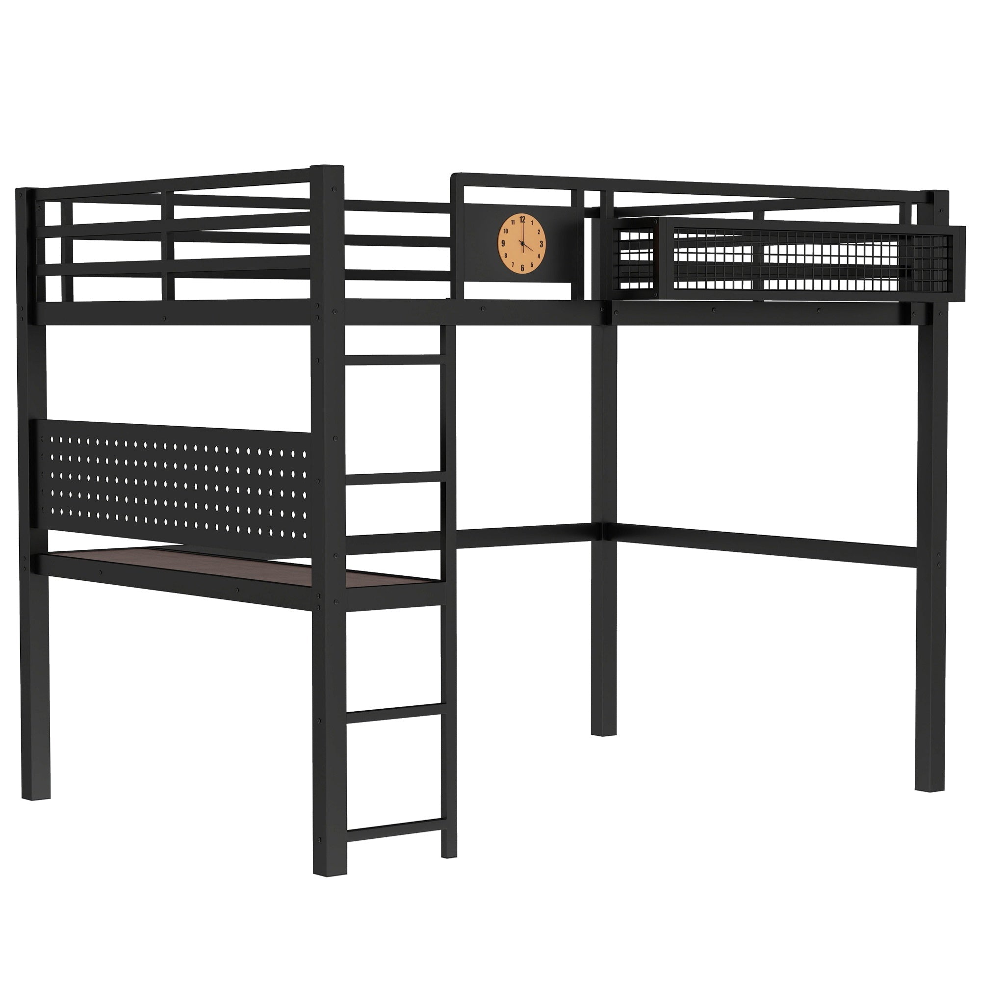 Bellemave® Metal Loft Bed with Desk, Pegboard, Charging Ports, Storage Basket & Clock for Kids & Teens – Black - Bellemave