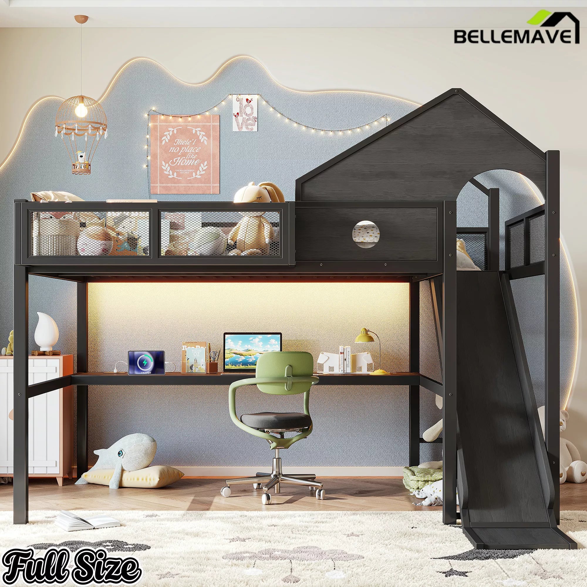 Full loft bed with LED lights and workstation
