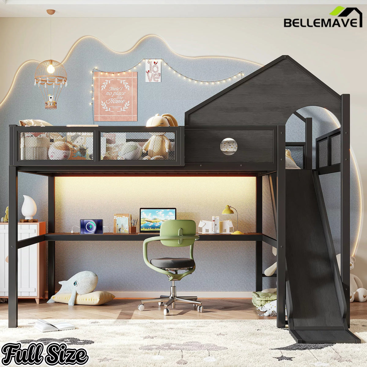 Full loft bed with LED lights and workstation
