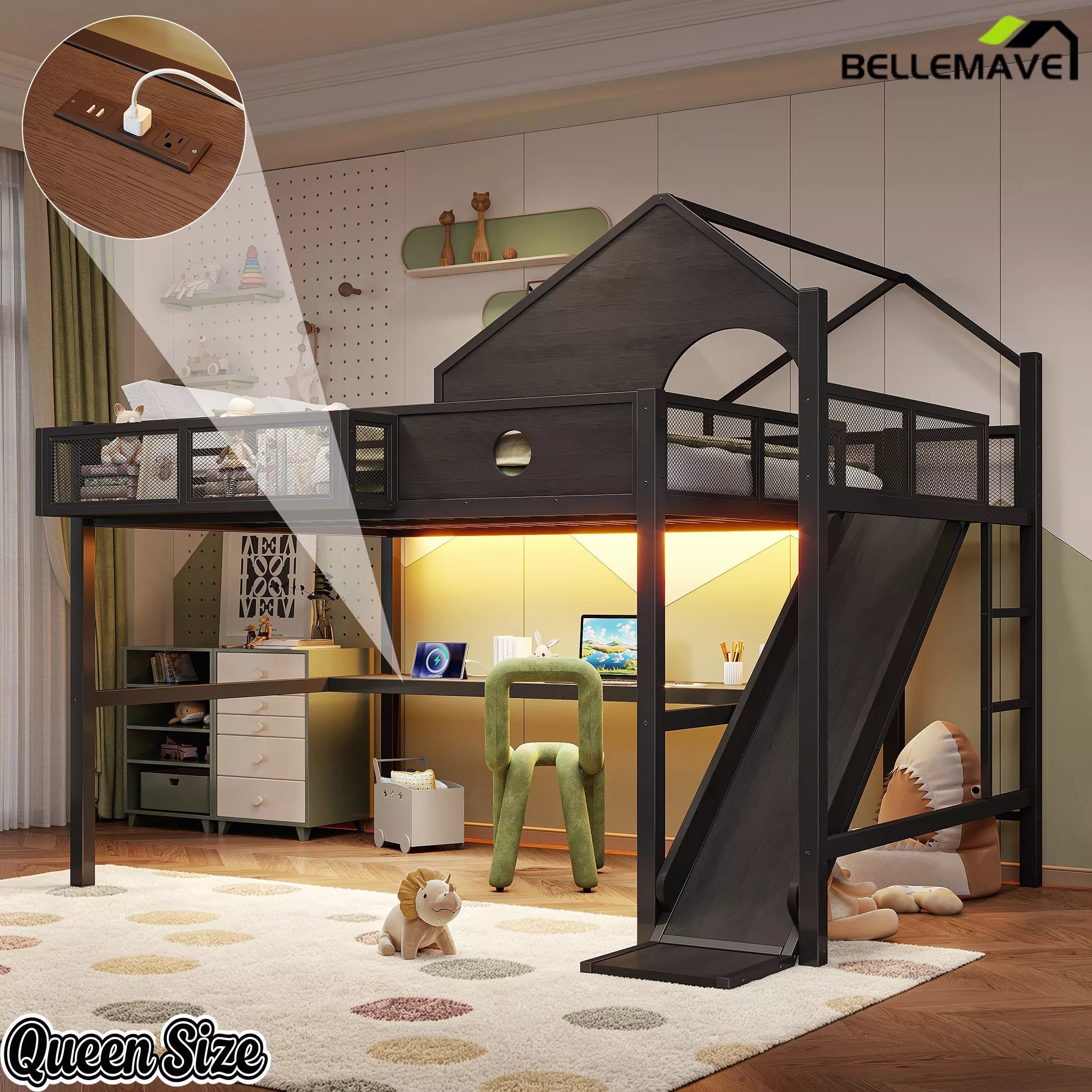 Queen loft bed with LED lights and desk