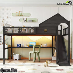 Queen size metal loft bed with storage shelves