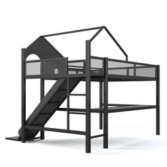 Loft bed frame with slide ladder and guardrails